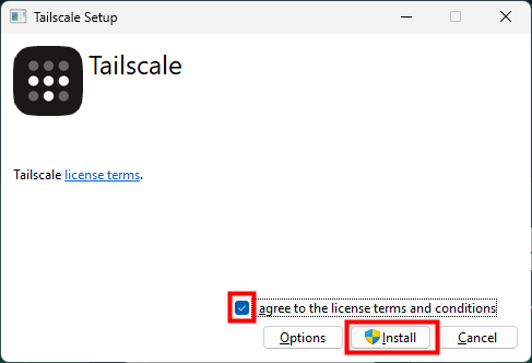 Tailscale Setupの画面。規約に同意のチェックとInstallのボタン
