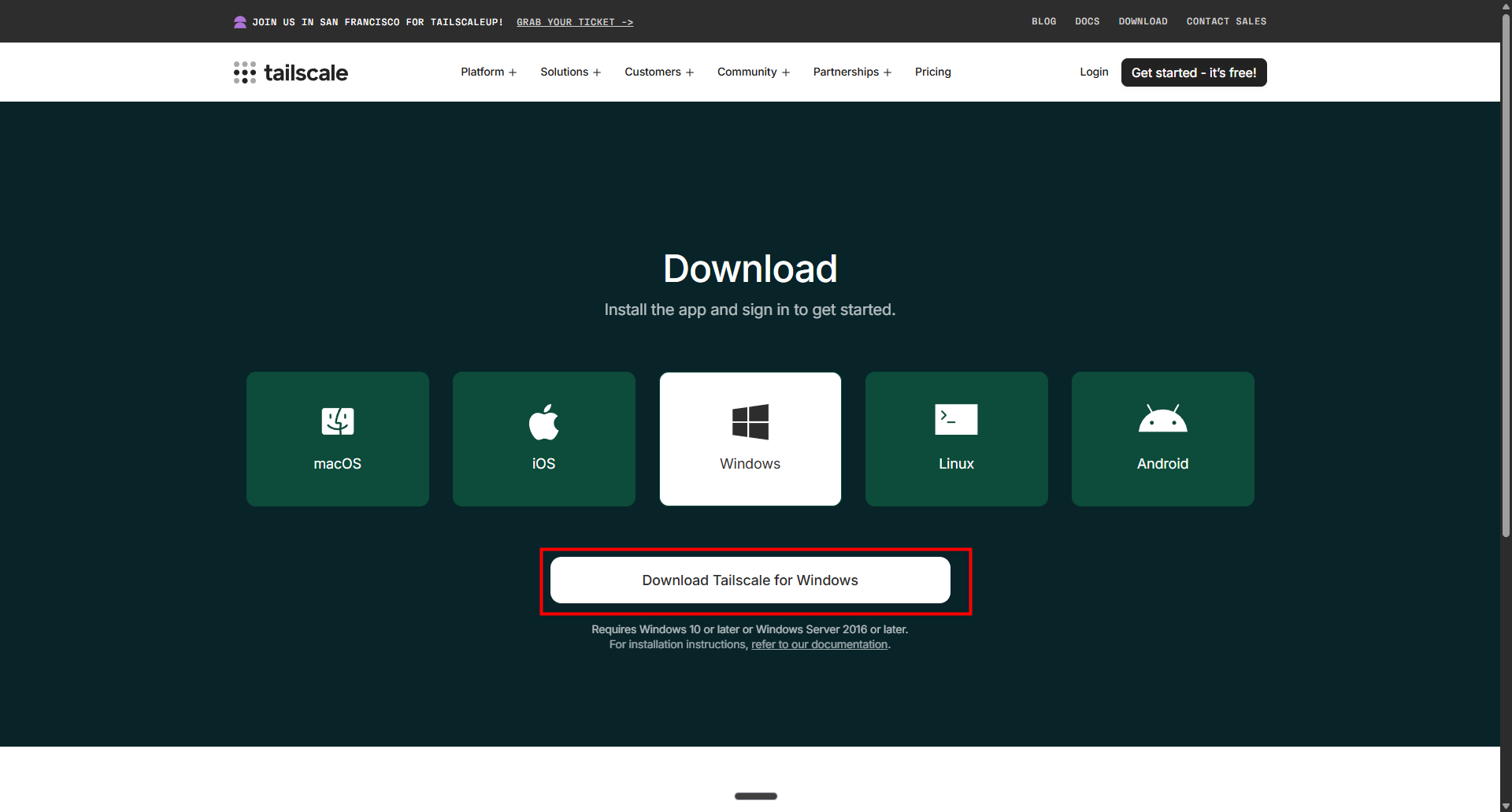 Tailscaleのダウンロードページ。Download Tailscale for Windowsのボタン